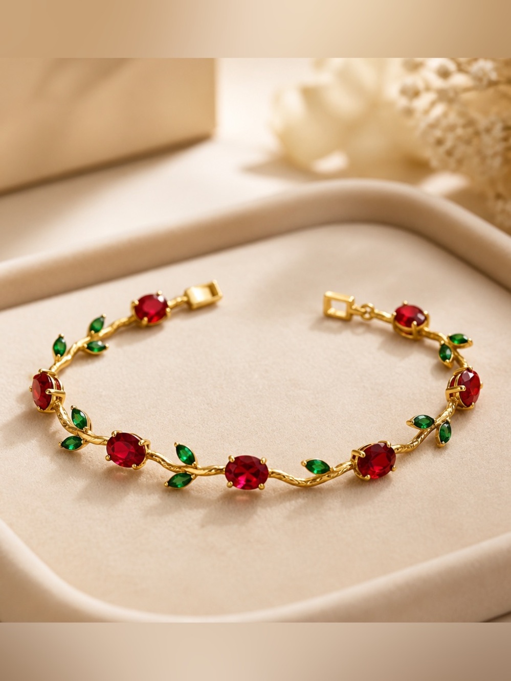 14k Gold Stainless Steel Red and Green Crystal Vine Bracelet